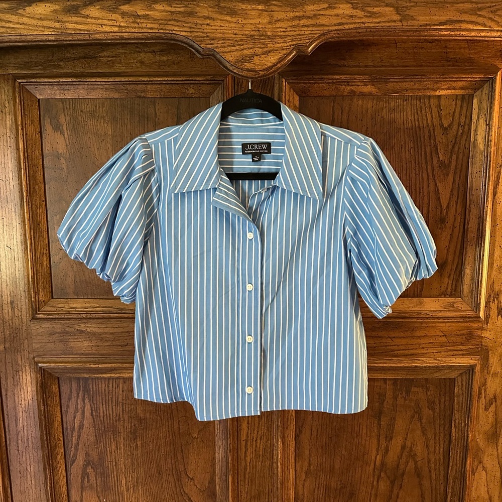 J.Crew Regenerative Cotton Gamine Shirt Stripe Blue Puff Sleeve Women’s Size 4